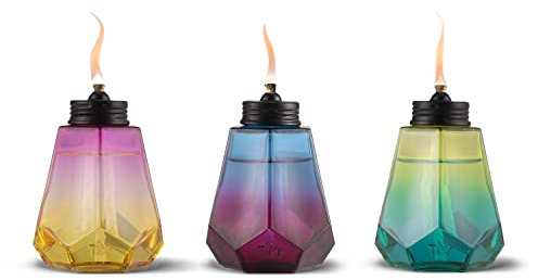 TIKI Brand 1122118 - Paquete de 3 antorchas de Mesa Royal Ombre, 5.25 Pulgadas, para Exteriores para Patio y Patio, Morado, Amarillo, Verde, 1122118