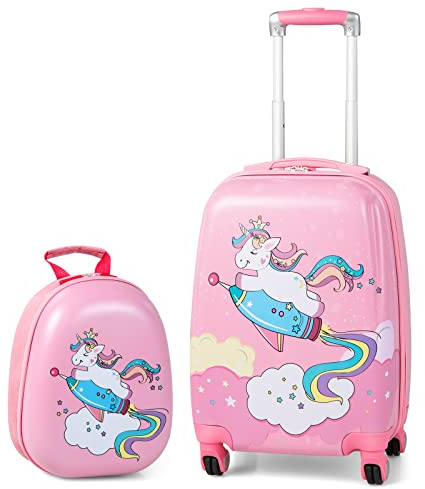 BABY JOY 2 PC Kids Carry On Luggage Set, 18 Toddler Trolley Case & 12 Backpack with Hard Shell & Rolling Wheel Design, Kids Suitcase for Boys Girls (Pony)