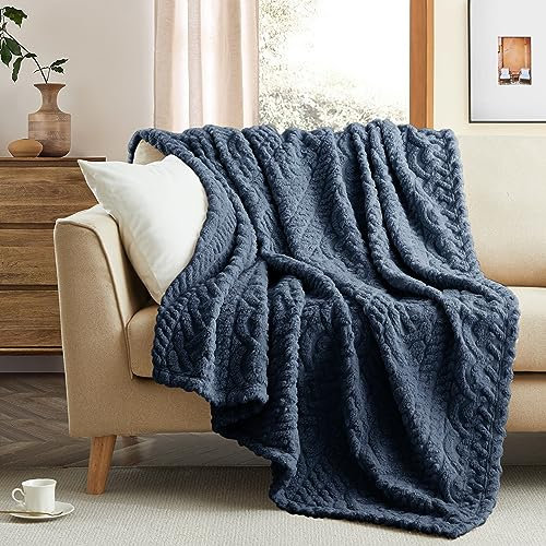Sherpa Throw Blanket,Cable Pattern Decorative Soft Cozy Blanket for Couch Sofa,Light Weight Fleece Warm Throw Blanket for Bed,Navy Blue,127 x 152 cm