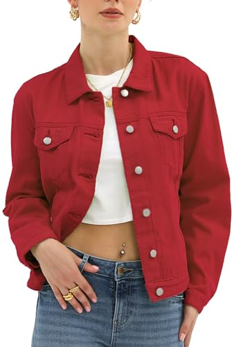 Argstar Women's Denim Jean Jackets Button Up Long Sleeve Basic Trendy Stretch Trucker Jacket Red M