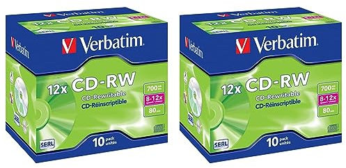 Verbatim CD-RW 700 MB, 20er Pack Jewel Case, Rohlinge Beschreibbar, 52-fache Brenngeschwindigkeit Mit Langer Lebensdauer, Leere CDs, Audio Rohling Rewritable