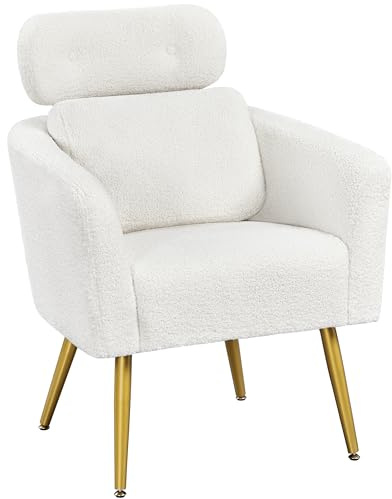 Yaheetech Fauteuil de Salon en Tissu Bouclette Fauteuil Arrondi Scandinave avec Appui-tête Réglable en Hauteur Coussin Lombaire pour Bureau Chambre 1/Blanc