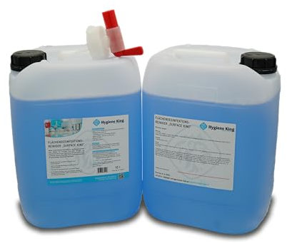 Desinfektionsreiniger für Oberflächen | hocheffizient | begrenzt viruzid | 2 x10L Kanister mit Auslaufhahn | Wellness, Solarium, Yogamatte, Sportgeräte, Gastro, Kunstleder