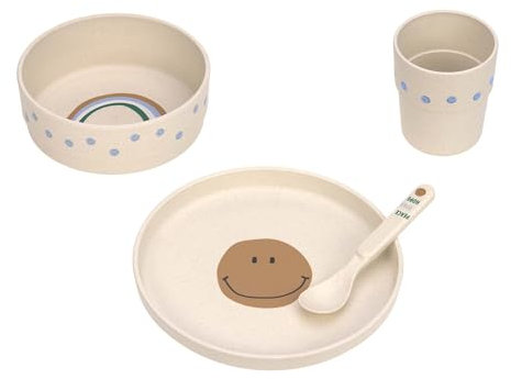 LÄSSIG Set de vaisselle pour enfants (assiette, gobelet, bol, cuillère) sans mélamine, sans BPA, pour lave-vaisselle et micro-ondes/Dish Set Happy Rascals Smile sky blue