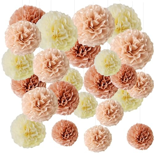 24 pompones de papel de seda para decoración de bodas, color rosa y beige, raíz de loto, beige, papel de seda