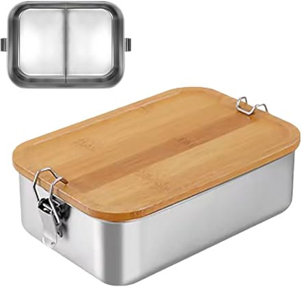 Bento Fiambrera para adultos/niños, fiambrera de acero inoxidable, fiambrera con 2 compartimentos/3 compartimentos, caja de metal con tapa de madera, sin BPA, caja de metal para el desayuno, para la