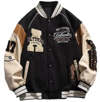 Oanviso Damen Bomberjacke College Oversized Y2K 90S Bedruckte Mädchen Racing Sweatjacke Baseball Mantel Mit Taschen Teenager Casual Übergangsjacke für Frühling A Schwarz XL