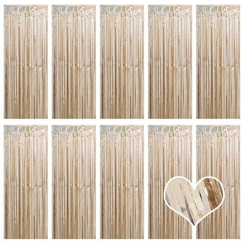 10 Stück Champagner Gold Lametta Vorhänge 1 x 2.5M Tinsel Curtain Folien Fransen Metallic Lametta Vorhange für Geburtstag Partydekor Verlobung Hochzeit Weihnachten Neujahr Dekoration(Champagner Gold)