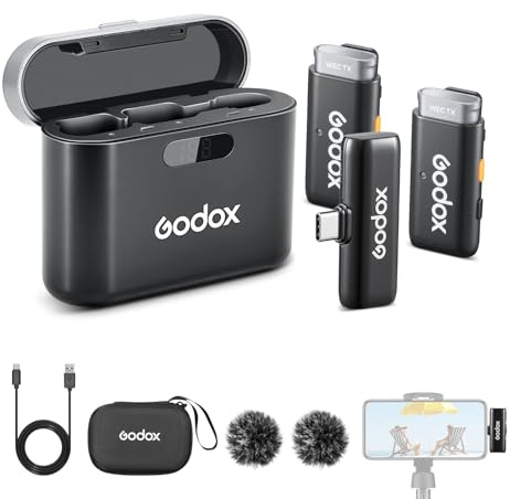 Godox WES2 Kit2 trådlös Lavalier-mikrofon för Android/USB C, 8H batteritid, dubbla kanaler 2,4 G trådlös mikrofon, 200 m (600 fot räckvidd, brusreducering med laddningsfodral för vlogging, TikTok