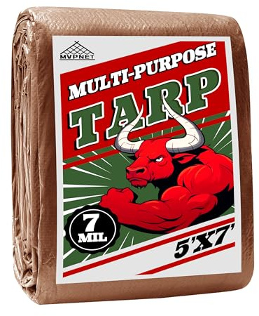 Tarp 5x7 ft 100% Waterproof 7mil Durable Grommets and Reinforced Edges,Uv Resistant,Green/Brown Tarp,Emergency Rain Shelter,Outdoor Cover and Camping Use -by MVPNET