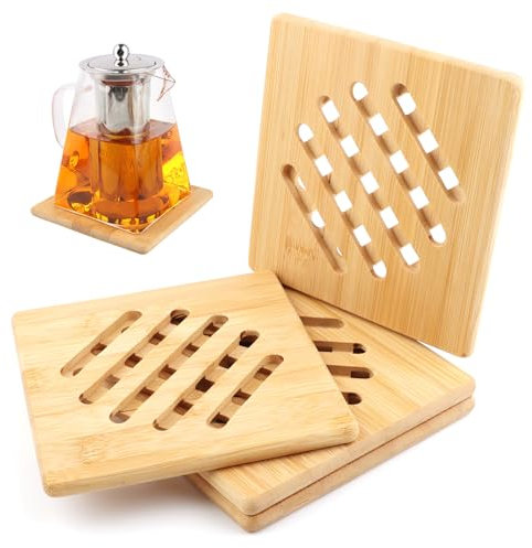 VFANDV 4 Stück Topfuntersetzer Set, Bambus Rutschfestes Waschbar Untersetzer, Hitzebeständiger Topfuntersetzer, Pfannenschoner für Küchenschüsseltöpfe Pfannen und Teller (15 x 15 cm, Quadratisch)