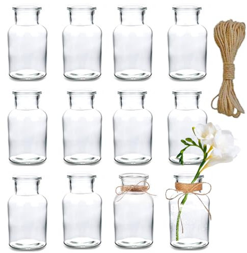 Cnwinu 12PCS Flower Vase,Bud Vases for Wedding Favours Table Centrepiece,Cute Glass Small Vases for Flowers,125ml DIY Mini Table Decoration with 5M Jute Twine