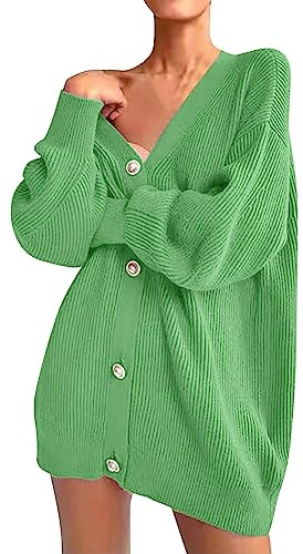 Cardigan ouvert sur le devant | Pull femme oversize en tricot | Veste de survêtement pour femme oversize, col en V, cardigan élégant, couleur unie, court, manteau en tricot épais, vert, S