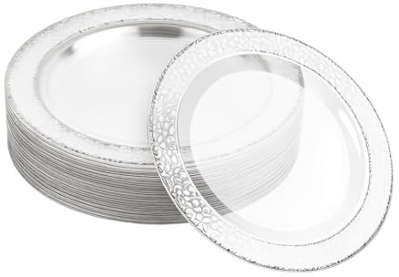 MATANA 20 Premium Clear Hard Plastic Dinner Plates with Hammered Silver Rim, 26cm / 10 Inch - Elegant & Reusable Party Plates for Weddings, Birthdays, Christmas, Parties