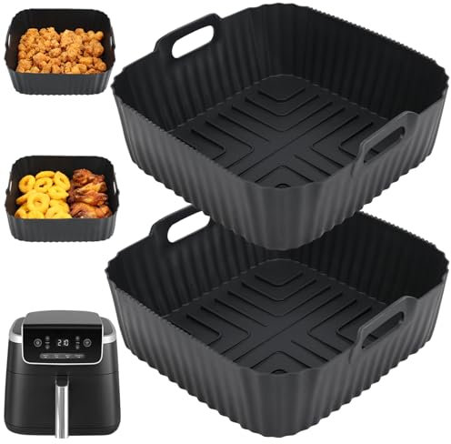 BYKITCHEN Silicone Air fryer Liner for Ninja Airfryer PRO 4.7L/Cosori 5.5L, 2PCS Airfryer Silicone Liners Square, Air Fryer Accessories for COSORI,Ninja Speedi 5.7L Air Fryer (Black)