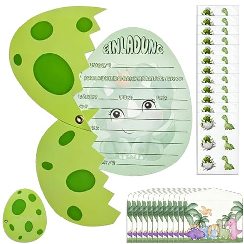 KATIMI 12 × Tarjeta de Invitación de Cumpleaños de Dinosaurio con 12 Sobres y 12 Pegatinas, Dino Tarjetas de Invitación para Niño Niña, Tarjetas de Invitación de Cumpleaños para Fiesta de Graduación