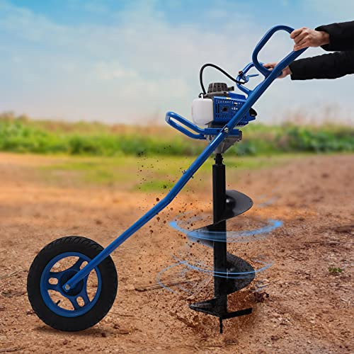 LENDISIY Tarière à essence à 2 temps, 63 CC 2,2 kW, avec roues, foret de pieu à essence, perceuse, Ø 300 mm, forets de jardin, avec brouette (bleu)