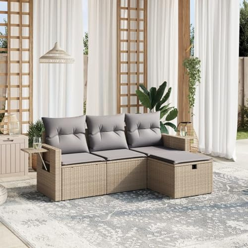 IKAYAA 4-TLG Balkon Lounge Gartenlounge Klein Rattan Sofa Balkonsofa Kleiner Balkon Sitzecke Balkon Loungemöbel Gartensofa Ecksofa Beige und Grau