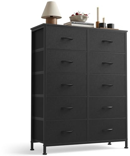 Sweetcrispy Black Dresser for Bedroom, 10 Drawer Tall Dresser, Fabric Storage Tower with Bins, Chest Organizer Unit for Bedroom Closet, Hallway, Steel Frame Wood Top, Easy Pull Handle