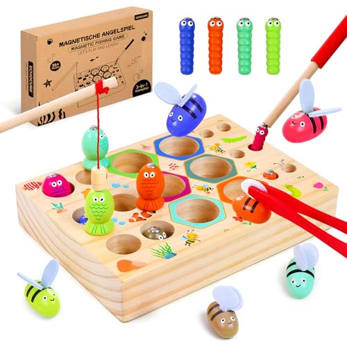 ECHOCUBE Juego de pesca magnético, juguetes de pesca de madera 3 en 1 para niños, juguetes Montessori, juegos educativos, regalo para niños y niñas de 3 años, cumpleaños, Navidad