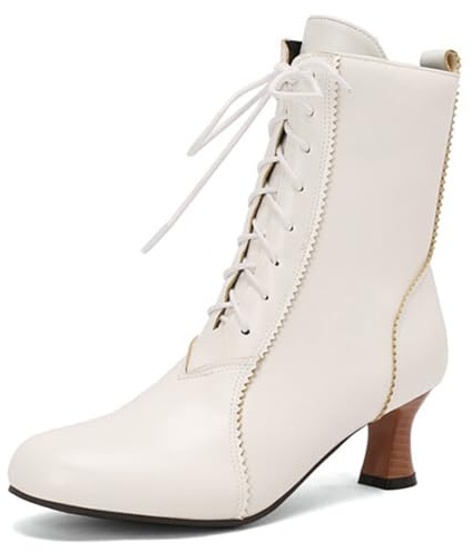 MiaZane Stivaletti alla Caviglia Vittoriani Donna con Lacci Punta Tonda Tacco Kitten Vintage Stivaletti con Cerniera Laterale per Autunno e Inverno Abbigliamento Streetwear,Bianca,37 EU