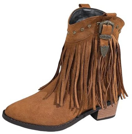 Stövletter med fransar dam ankelstövlar kort skaft stövlar – vintage höst vinter cowboystövlar med blockklack västerländska stövlar slip-stövlar bekväma eleganta halvstövlar vida stövlar, BRUN, 37 EU