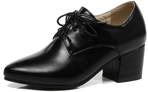 Eestfy Décolleté Oxford Classici da Donna Punta a Punta Tacco Blocco Robusto Pelle PU con Lacci per Lavoro e Tempo Libero Tacco Medio,Nero,38 EU