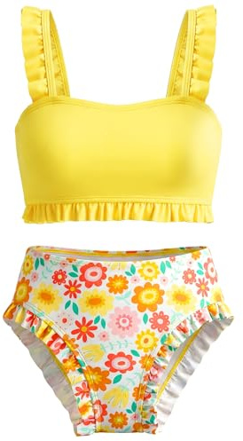 Hoseay Bikini Niñas Dos Piezas con Volantes Traje de Baño para Niñas Conjunto de Bikini Top y Estampado Floral Bottom Bañador de Playa y Piscina Bañador Ropa para Niñas 11-12 Años, Amarillo