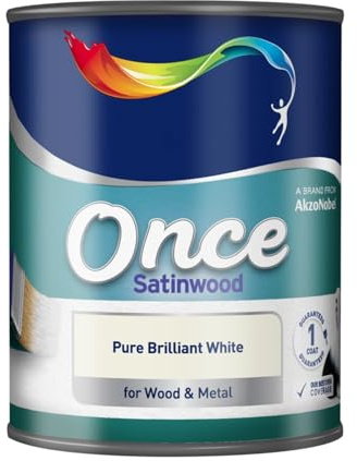HOCHSTE Once Satinwood Pure Brilliant White Satin Finish Paint, Interior & Exterior One Coat Coverage for Doors, Skirting, Trim & Metal Surfaces, 750ml