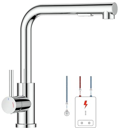 FORIOUS Rubinetto Lavello Cucina Bassa Pressione, Rubinetto a Forma L con Estraibile, Miscelatore Cucina 3 Vie per Scaldabagno o Sotto Lavello, 2 Getti, Rotazione 360°, Cromo Lucido, Scanalata