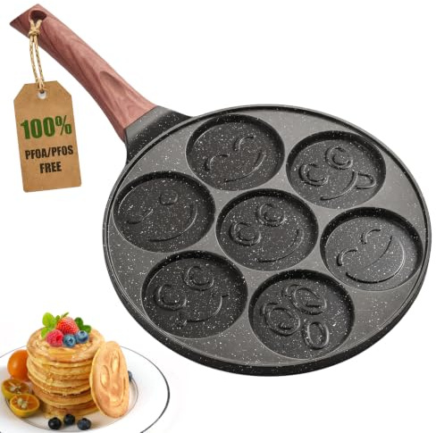 YASHE Poêle Smiley 7 empreintes, non toxique, sans PTFE ni PFAS | Non Toxique Poêle à Blinis et Œufs au Plat Sans PFOA Mini pour Petit-Déjeuner en Famille, Anniversaire d'enfant & Fêtes