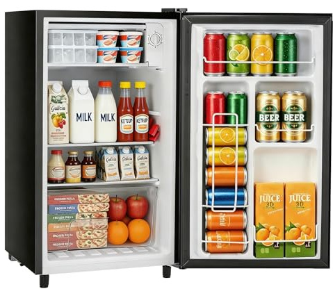 Mini Fridge with Freezer, 3.2 Cu.Ft Compact Single Door Refrigerator with Adjustable Thermostat, Low Noise & Energy Efficient (0.41kWh/Day), Small Fridge for Bedroom, Dorm, Office, Apartment (Black)
