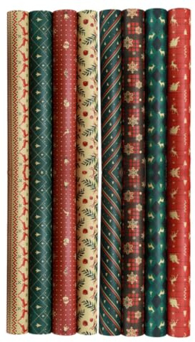 Papier Présent Noël, 8 Feuilles Kraft, Motifs Festifs Rétro pour Présents | Découpe Facile, Papier Résistant, pour Services Détail, Livres et Emballage de Boîte Présent Style Aléatoire