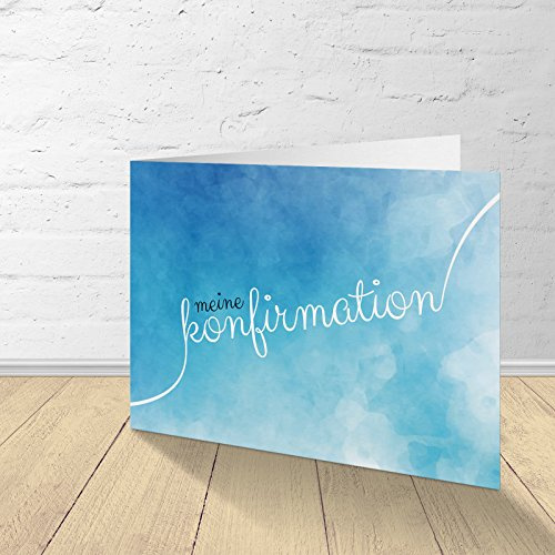 5 tarjetas de confirmación con sobres a juego, tarjetas de invitación para confirmación, tarjetas plegables en juego de 5 unidades. Diseño de acuarela azul.