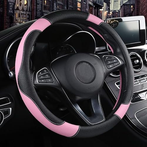 Istn Unisex's Sport Style Contrast Color Non-slip Sweat Good Breathable PU Leatherette 15 inch Car Steering Wheel Cover 38cm Pink