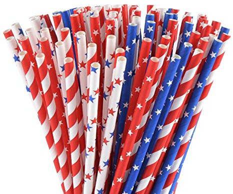 ALINK American Flag Red Blue White Paper Straws, 100 Stripe/Star Biodegradable Straws for Memorial Day /4th of July, Super Bowl, Patriotic Party, Americana Themed Party Celebration and Holiday