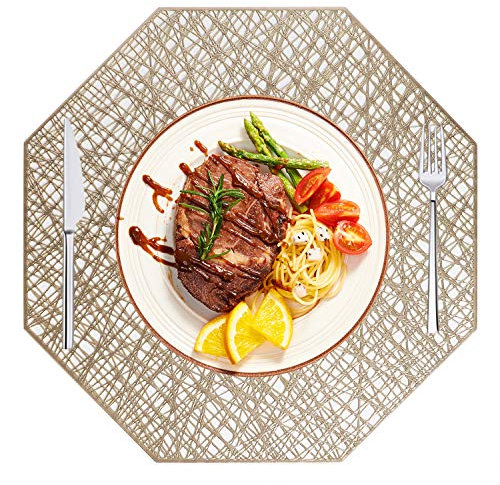 MaoXinTek Manteles Individuales PVC Lavables Juego de 6, Antideslizante y Resistente al Calor de Vinilo Mantel Individual para Mesa de Comedor, Dorado