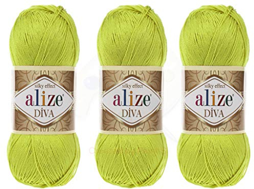 Alize Hilo Diva 100 % microfibra acrílica, hilo de efecto seda Alize Diva, hilo de ganchillo arte encaje manualidades, paquete de 3 madejas de 400 g, 1201 m, color (109 - Lima)