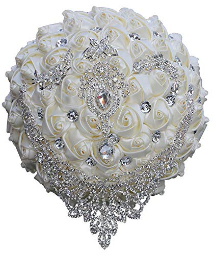 Qike Bouquet da sposa di lusso fatto a mano, grande, in seta, con rose artificiali, bouquet di fiori artificiali con nastro di raso, perle e strass, per bouquet da sposa vintage reale (avorio)