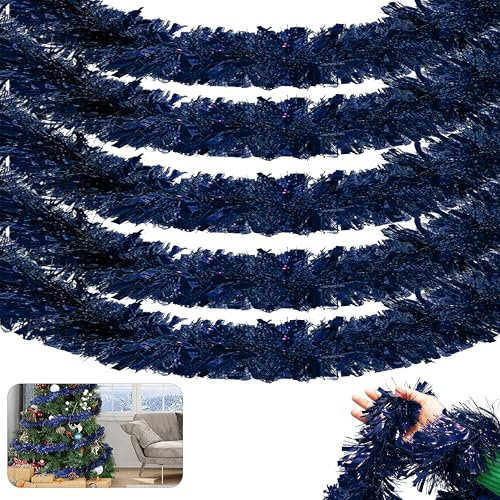HOVUK® 5PCs Fine Cut Chunky Tinsel Christmas Garlands, Dark Blue Luxury Xmas Tree Decoration Home Decor, Christmas Party Supplies (2m)