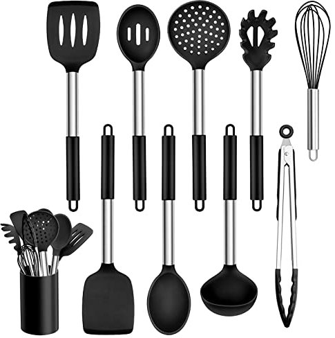 Homikit Lot de 10 ustensiles de cuisine en silicone avec poignée en acier inoxydable, antiadhésif, résistants à la chaleur, noirs, sains, passent au lave-vaisselle