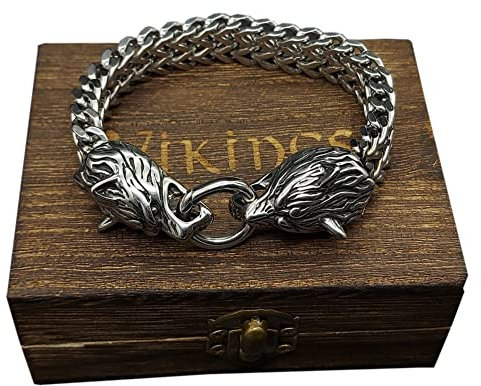ZFSBRTL Königskette Silber 3D Wolfskopf Armband, Herren Edelstahl Wikinger Odin Wolf Panzerkette Totenkopf Armband Vintage Amulett Schmuck Geschenke mit Holzkiste,19cm