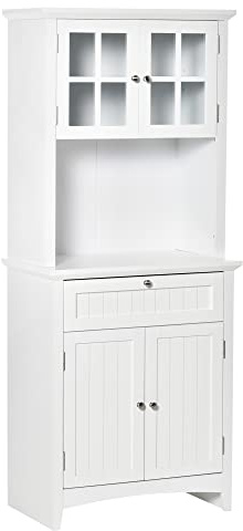 HOMCOM Credenza Cucina Alta, Mobile Dispensa con 2 Armadietti, Ripiani Regolabili, Ante in Vetro, Cassetto e Piano d'Appoggio, in MDF, per Cucina e Sala da Pranzo, 68.6x40x164 cm, Bianco