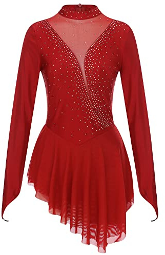 iEFiEL Damen Tanzkleid Patchwork Eiskunstlauf Kleid Langarm Kürkleid mit Strass Rollkunstlauf Wettbewerb Tanzanzug Burgundy M