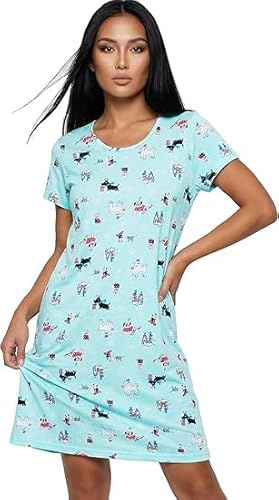 CHUNG Women Nightdress Ladies Nighties Short Sleeve Sleep Tee Shirt Soft Nightgown Cute Pattern Summer Sleepwear Sled Dog L