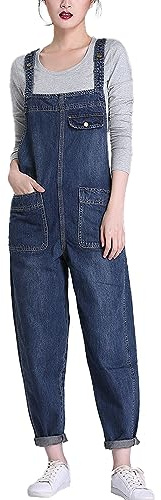 Vanchenl Damen Casual Loose Denim Latzhose Bib Verstellbare Jean Overalls Romper Jumpsuit Harem Hosen (Dunkelblau,M)