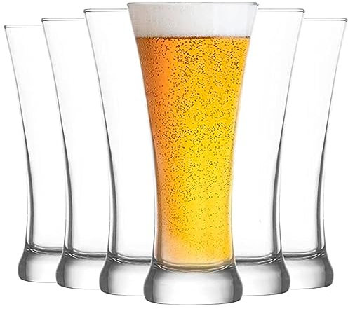 Tradineur - Set de 6 vasos de cristal para cerveza, modelo Sorgun, base gruesa, servir refrescos, licores, agua, aptos para lavavajillas - 18,4 x 8,2 cm - 380 ml