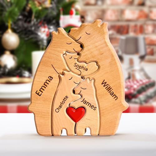 Personalisiertes Holzkunstpuzzle der Bärenfamilie mit 1-8 Namen, Holz Bär Skulpturen Desktop Tischdekoration Haus Dekor Ornament, Weinachtes Geschenke für Familie, Holzpuzzle für Mama, Papa