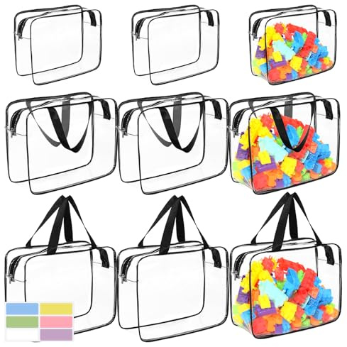 9 Packs Clear PVC Toy Storage Bags Include 6 Pcs Large and 3 Pcs Medium Toy Organizer Bags with Labels, Portable Handheld Zipper Bags for Organizing Board Game, Building Blocks, Puzzle, Kids Books