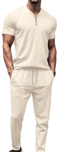 DONYKARRY Men's Tracksuits 2pcs Short Sleeve Zip Top & Trouser, Apricot, S